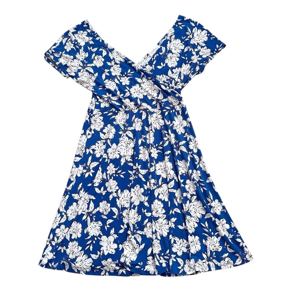 Kaileigh Dress Womens XL Blue Floral Faux Wrap Short Sleeve Fit & Flare Stretch